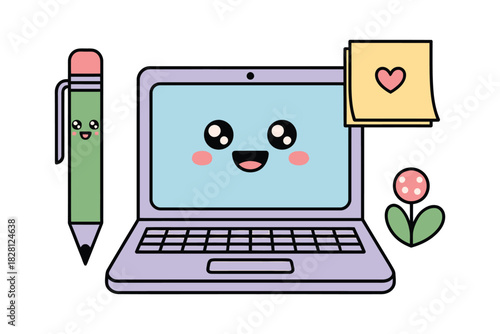 A cute laptop with a smiling face is surrounded by a pencil, a sticky note with a heart, and a small flower.