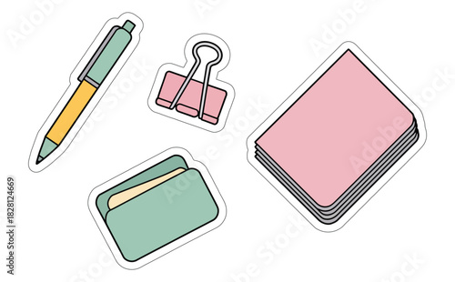A collection of stationery items including a pen, binder clip, and notecards.