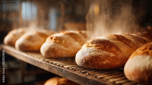A rack of freshly baked bread loaves with a lot of steam coming off them. The bread is golden brown and looks delicious