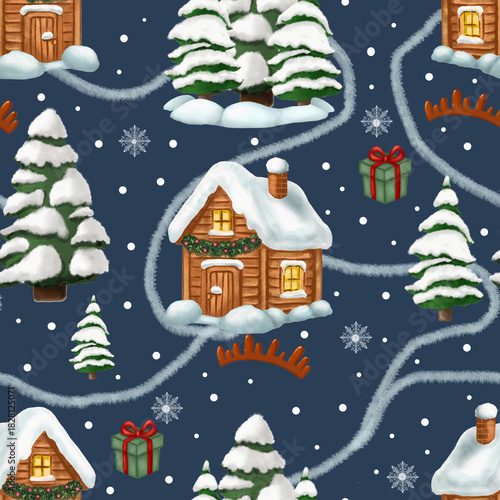 Cozy wooden houses, snowy trees, gifts and snowflakes in a cute hand-painted winter pattern. Soft illustrative style. Perfect for textiles, wrapping paper and holiday designs.
