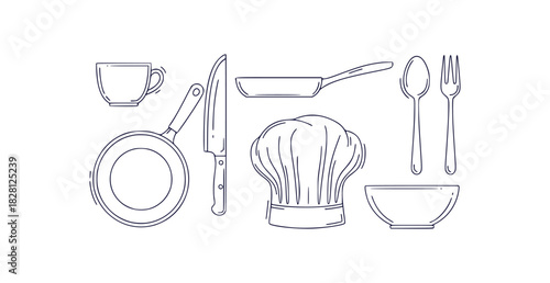 Monoline line art illustration of kitchen utensils and chef hat for culinary designs