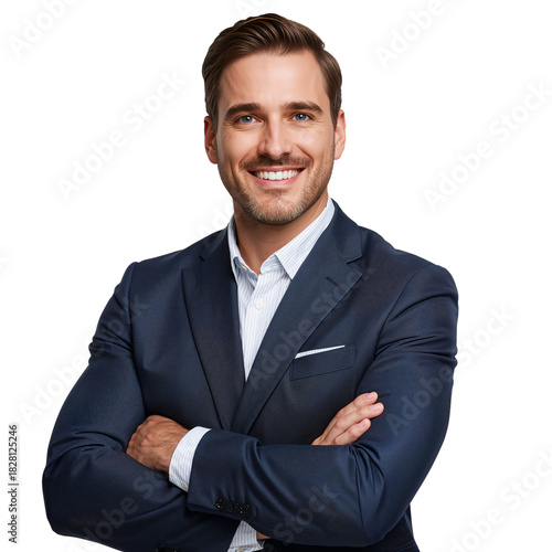 Confident Man in a Suit Crossing Arms and Smiling Against a Plain Background