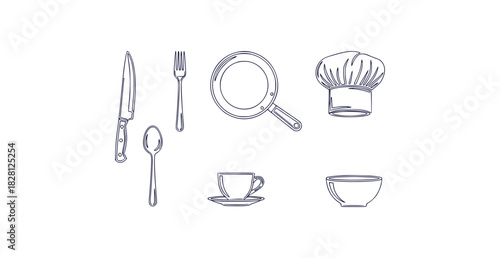 Monoline line art illustration of kitchen utensils chef hat and coffee cup