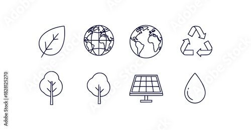 Minimal eco friendly icons for sustainability and environmental protection including leaf globe recycle tree solar and water drop