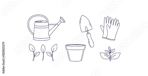 Minimal line art illustrations of gardening tools watering can trowel gloves flower pot and sprouting leaves