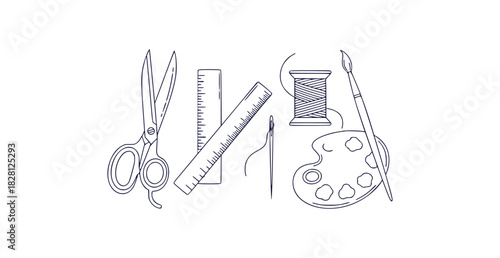 Minimal outline illustrations of crafting tools and art supplies for creative projects
