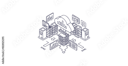 Isometric line illustration of cloud computing with servers data charts coding panels and sync flow arrows