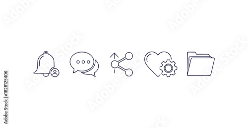 Set of essential communication and system management icons in a clean monoline line art style