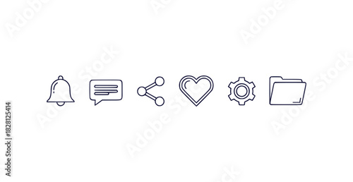 Collection of essential interface icons including notification bell chat share like settings and folder in a clean monoline style