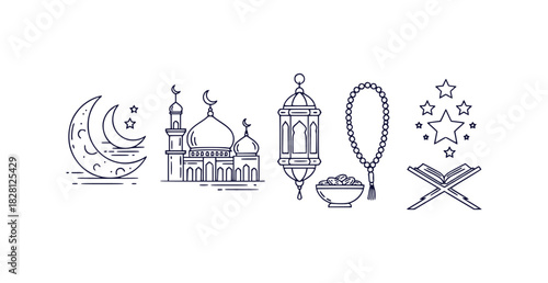Collection of islamic cultural icons including moon mosque lantern prayer beads stars dates and quran stand