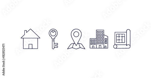 Simple monoline icons for real estate and navigation house key map marker building and blueprint outline
