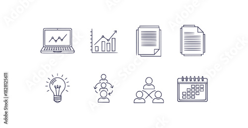 Minimalist line art icons for office work digital business and modern technology concepts