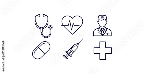 Thin line medical icons set featuring stethoscope heart doctor pill syringe and cross