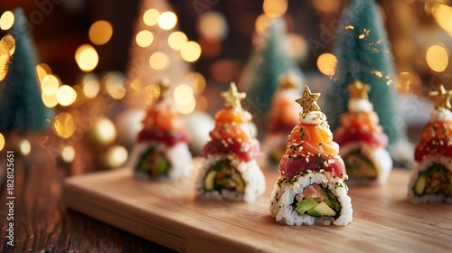 Sushi shaped like Christmas trees with festive decorations ready for a holiday gathering