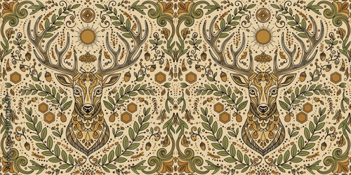 Seamless folk art wallpaper with a stylized stag, laurel wreaths, and brass medallions in mustard, olive, and bronze on parchment. Noble pastoral textile design.