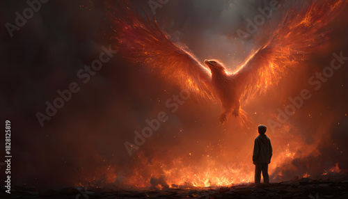 Phoenix rises from ashes. Person watching reborn bird. Concept of rebirth, transformation, hope. Rising after failure. Overcoming adversity. Man looking at mythical creature. Strength, freedom