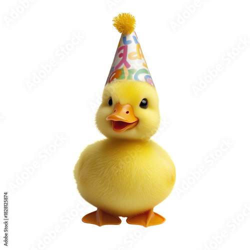 Cute Yellow Duck Wearing a Party Hat Celebrating a Joyful Occasion With a Che...