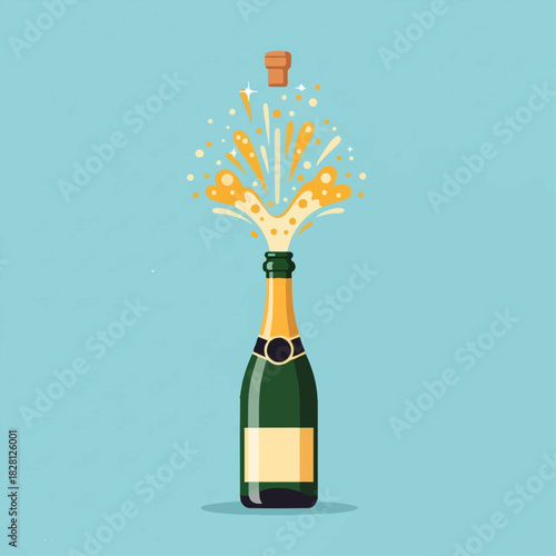 An illustration of a green champagne bottle popping its cork with a celebratory spray of golden bubbly against a blue background.