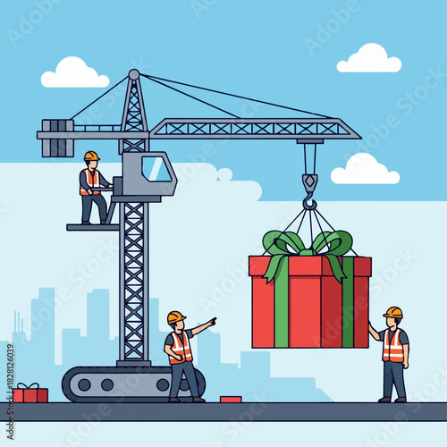 Construction workers using a crane to lift a giant red gift box on a building site with a city skyline in the background.