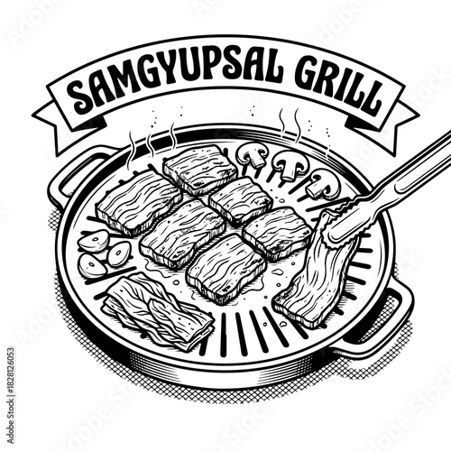 A black and white illustration of Korean BBQ, showing samgyupsal pork belly cooking on a grill with mushrooms and garlic.