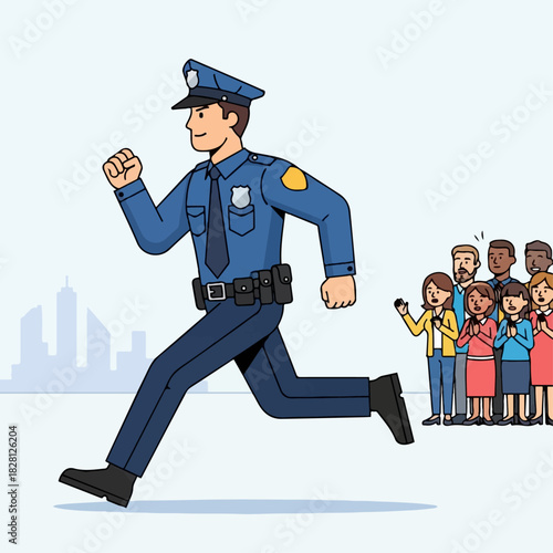 Cartoon police officer running during a chase with a crowd of onlookers watching and recording the event on their phones.