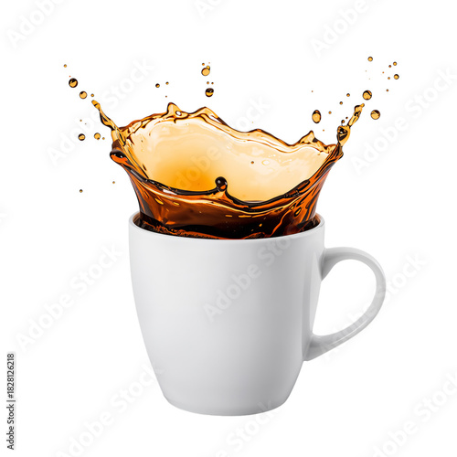 Coffee Spills From a White Mug Creating Splashes During a Bright Morning