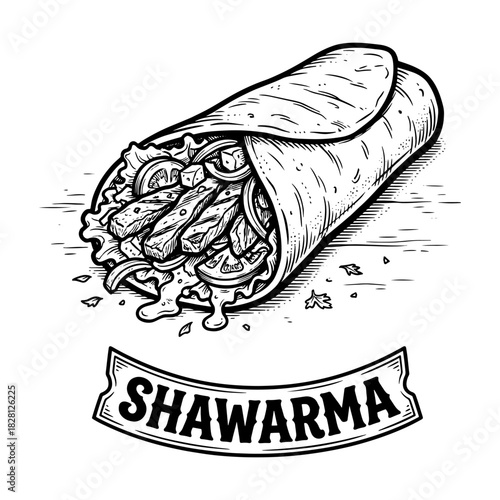 A hand-drawn, black and white sketch of a delicious shawarma wrap with a vintage banner label.