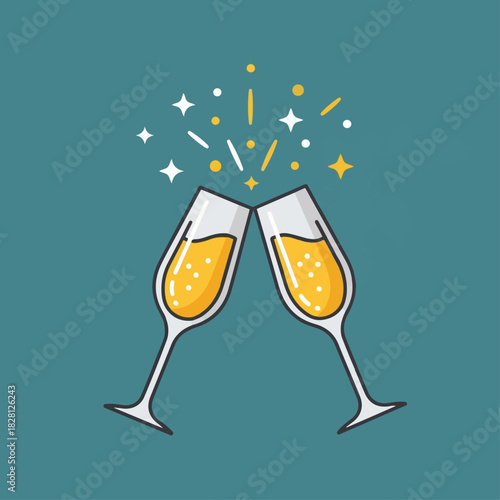 Two cartoon champagne glasses clinking in a toast for a celebration, with golden sparkles and stars.