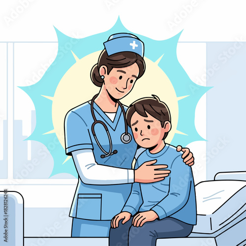 Compassionate female nurse in uniform comforting a sad young boy patient in a hospital clinic illustration.
