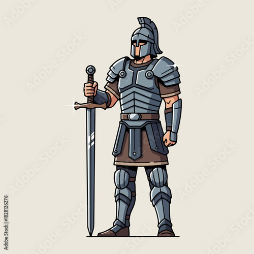 A cartoon illustration of a powerful warrior in full metal armor holding a large sword.