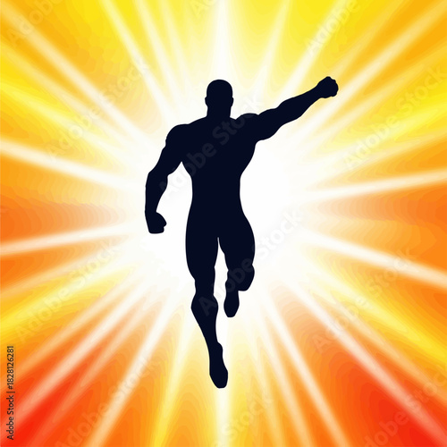 Silhouette of a powerful superhero flying forward against a radiant yellow and orange sunburst background.