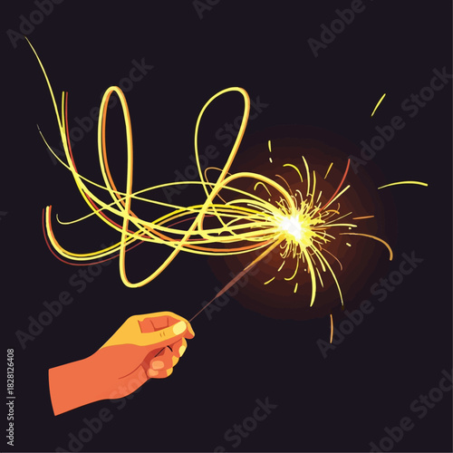 Illustration of a hand holding a lit sparkler, creating glowing yellow light trails in the dark.