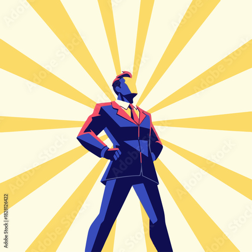 Illustration of a confident businessman in a heroic pose against a yellow sunburst background.