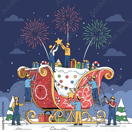 A team of workers in hard hats decorating a large red Santa's sleigh with stars and lights under a firework-lit night sky.