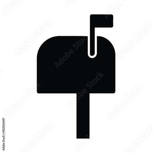 Black Silhouette Mailbox Icon with Flag on White Background Keywords: mailbox, postbox, mail, letter, delivery, post