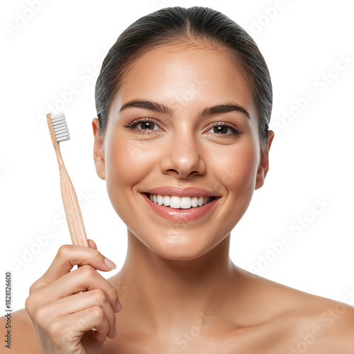 Smiling Woman Holds Bamboo Toothbrush Promoting Dental Hygiene and Eco-Friend...