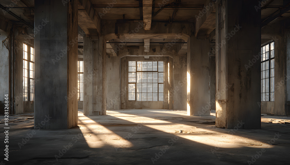 Fototapeta premium Sunlight streams into unfinished building interior. Concrete pillars support structure, large windows face outside. Construction project in progress, empty space awaits completion.