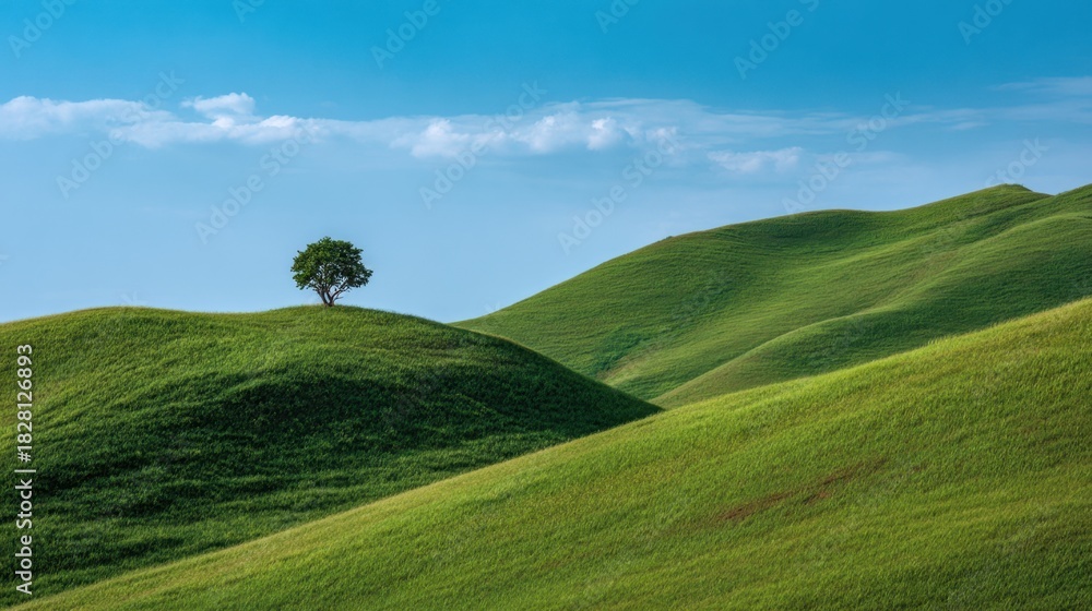 Obraz premium A lone tree stands in a grassy field with a clear blue sky above. Concept of tranquility and peace, as the tree stands alone in the vast expanse of green grass