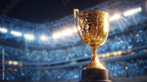 A gold cup with a handle sits on a podium in a stadium. The cup is surrounded by a crowd of people, all of whom are watching the event. Scene is celebratory and exciting