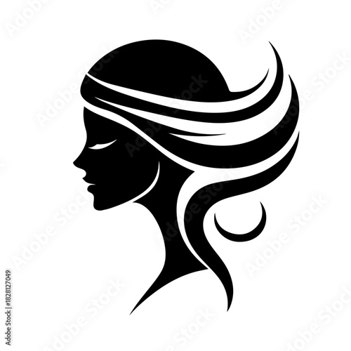Black & white vector silhouette of minimalist female portrait outline on white background
