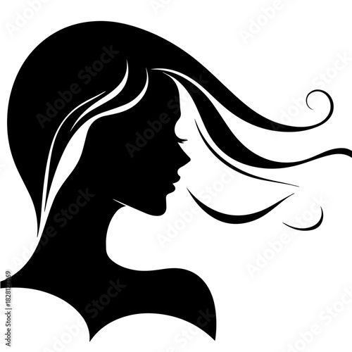 Black & white vector silhouette of minimalist female portrait outline on white background