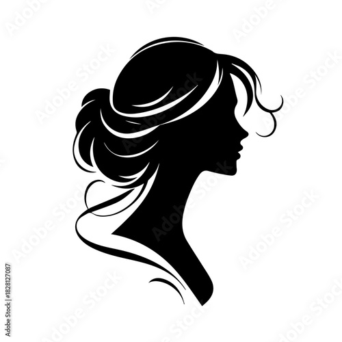 Black & white vector silhouette of minimalist female portrait outline on white background