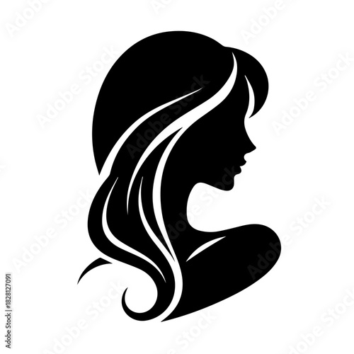 Black & white vector silhouette of minimalist female portrait outline on white background