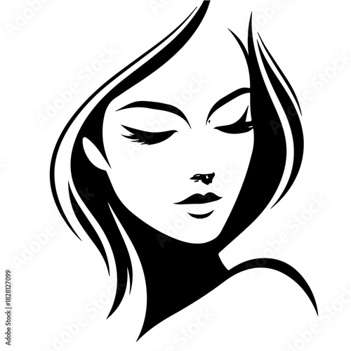 Black & white vector silhouette of minimalist female portrait outline on white background