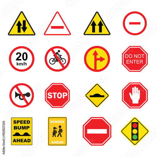 Traffic light and road signs for kids safety caution and warning signals.