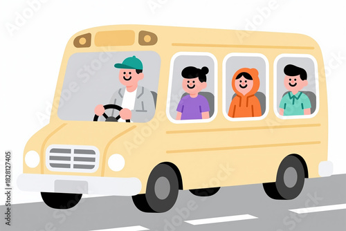 Driver and three passengers in a yellow school bus on a grey road with white markings, all smiling and wearing casual clothes in different colors.