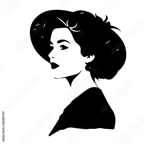 Black & white vector silhouette of vintage woman portrait retro style on white background