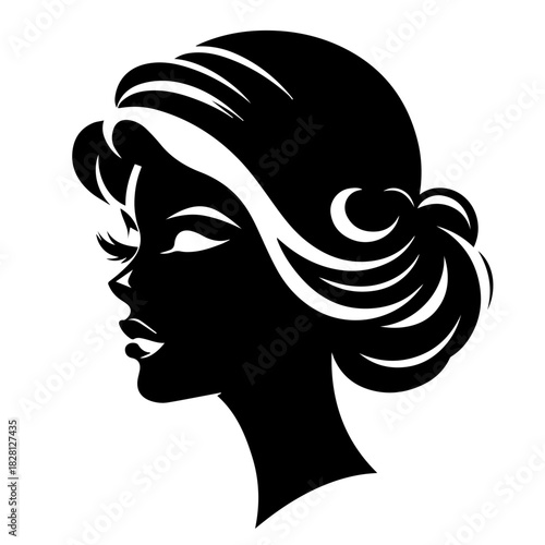 Black & white vector silhouette of vintage woman portrait retro style on white background