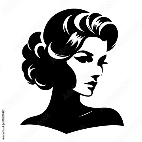 Black & white vector silhouette of vintage woman portrait retro style on white background