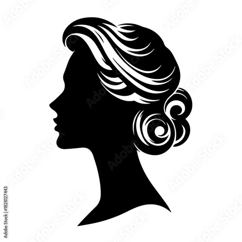 Black & white vector silhouette of vintage woman portrait retro style on white background